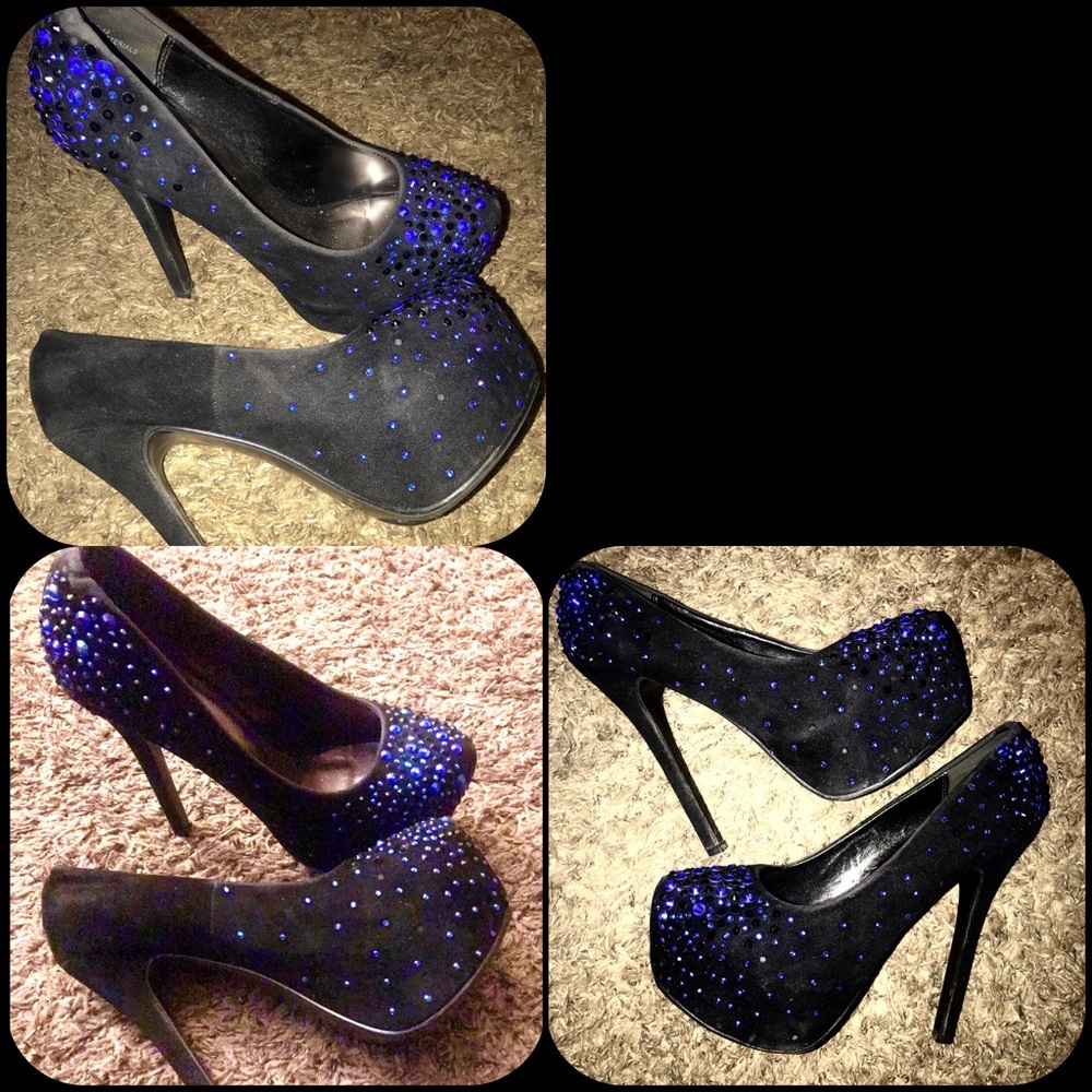 RCK Bella black Suede Stiletto W Blue Crystal Shoes